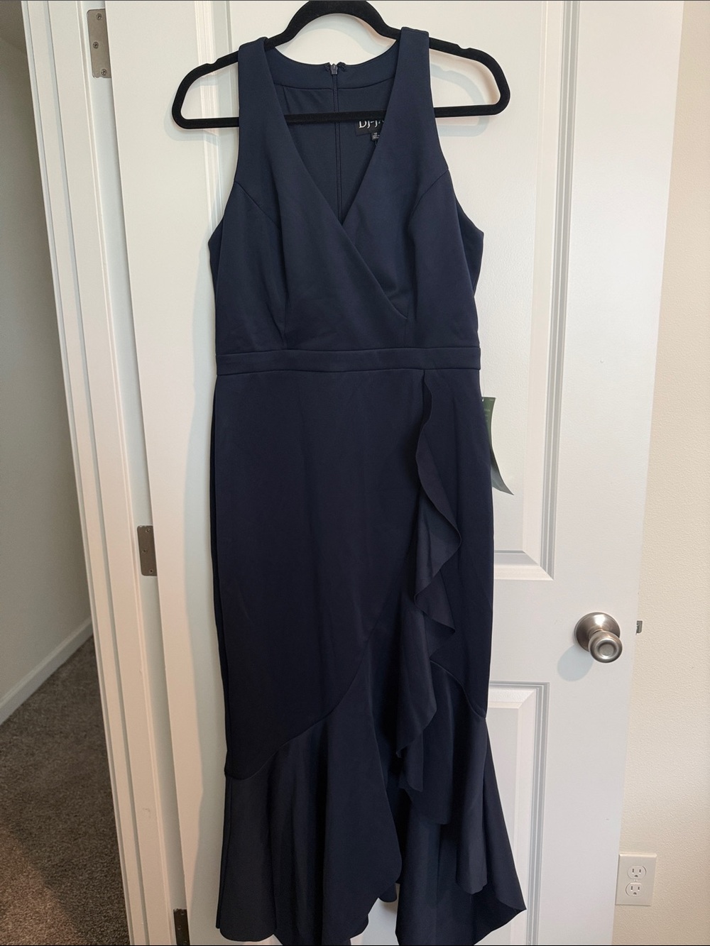 DJ-Jaz Navy Sleeveless Faux-Wrap Ruffle Midi Dress